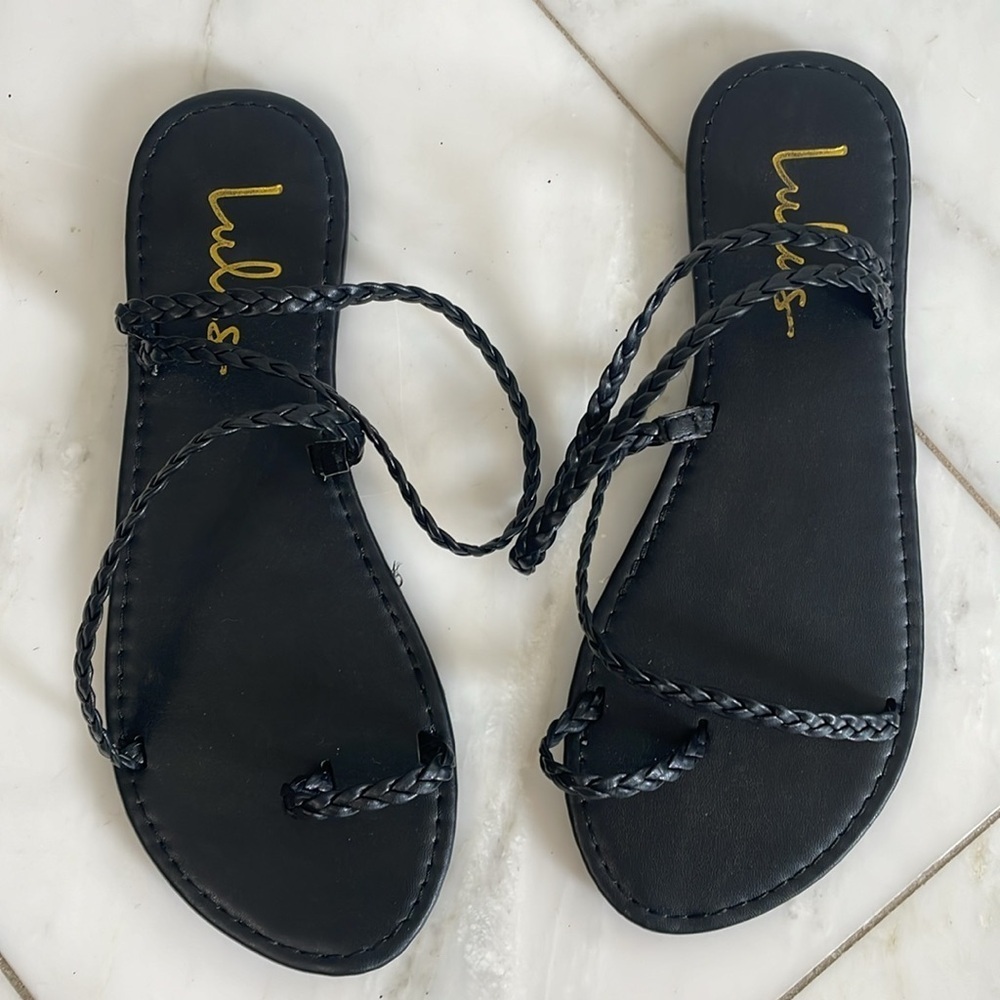 NWOT Lulu’s Mirela women’s 9 black braided strappy flat summer sandal summer - Picture 2 of 5